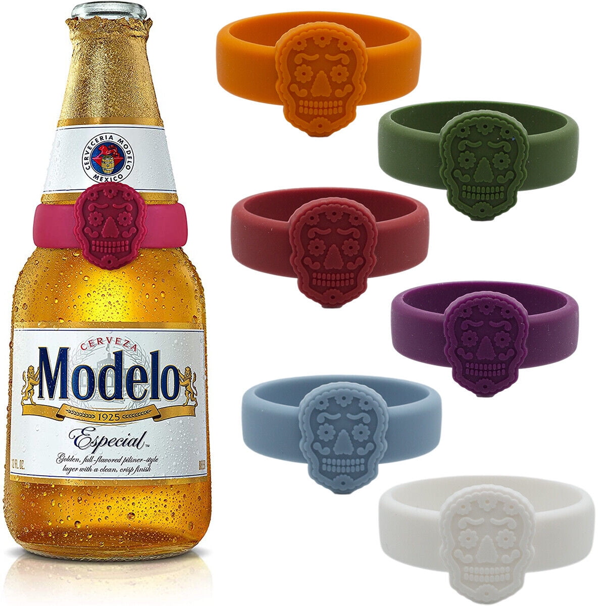 6pk Modelo Multicolor Silicone Sugar Skull Bottle Markers, Bottleneck Drink Tags Glass Markers