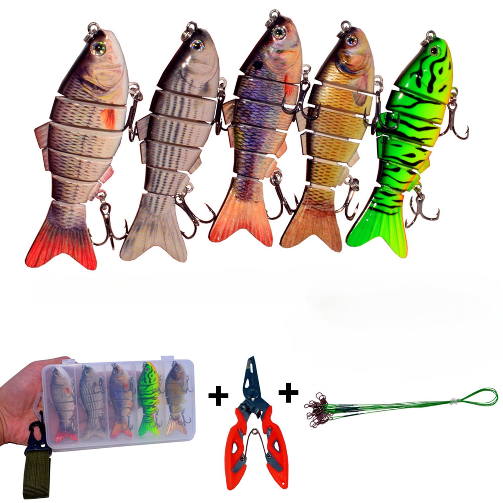 6segment 3.8inch 5pcs Fishing Lure Bait Swimbait Crankbait for Bass Muskie Pike Bass Lifelike Fish Minow Fishhook Fishing Tackle