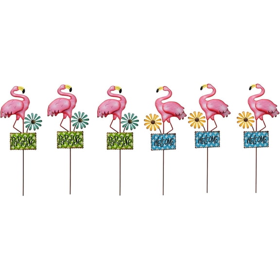 6set Metal Flamingo Decorative Garden Stakes,16.25" H Outdoor Garden Decor with Flamingo Ornament Welcome Sign Yard Stakes, Rustic Yard Art Spring Decorations for Patio Lawn Garden Planter