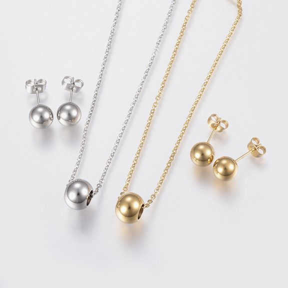 6sets 304 Stainless Steel Jewelry sets Necklaces and Stud Earrings Round Mixed color 17.71 inch(45cm) 19x8mm Pin: 0.8mm