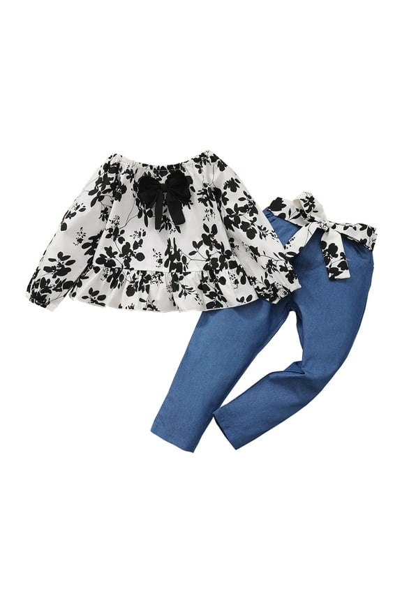 6t Girl Clothes 6-7Y Little Girl Outfits Floral One-shoulder Long Sleeved Top Pants Set,Sizes 2Y-7Y