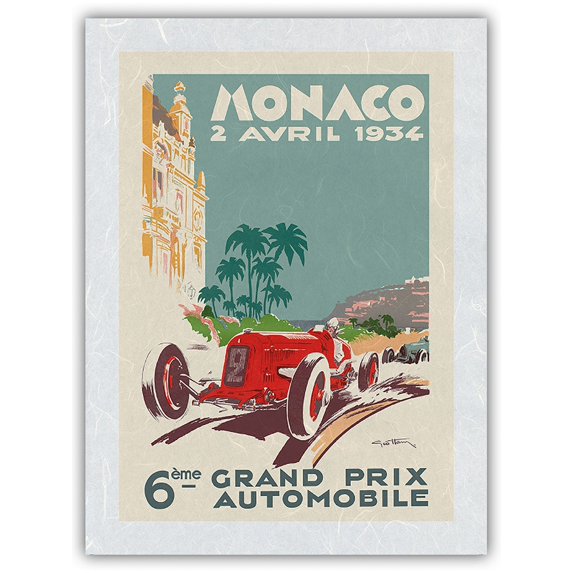 6th Monaco Grand Prix 1934 - Formula One - Vintage Car Racing Poster by Géo Ham (Georges Hamel) - Japanese Unryu Rice Paper Art Print (Unframed) 12 x 16 in