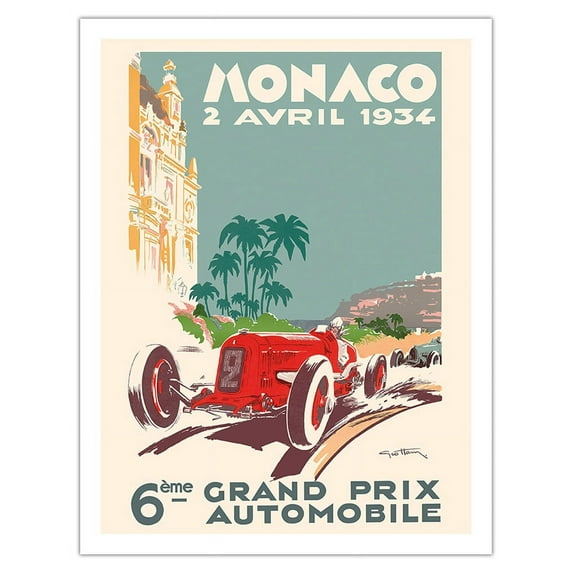 6th Monaco Grand Prix 1934 - Formula One - Vintage Car Racing Poster by Géo Ham (Georges Hamel) - Fine Art Matte Paper Print (Unframed) 20x26in