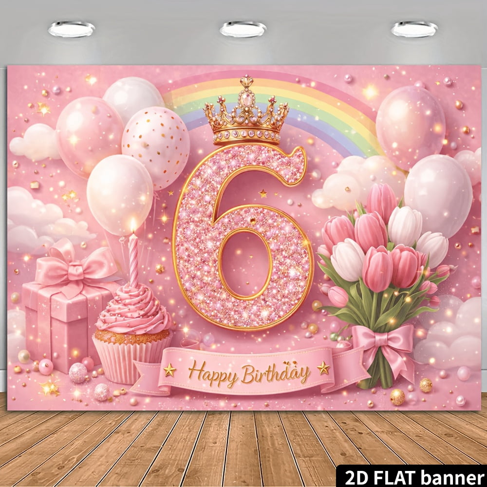 6th birthday party banner background fabric, with pinkish gold sequin ...