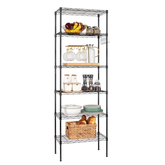 6tier free combination and disassembly shelf with 1 row of 6 side hooks, adjustable feet and wheels, made of iron, with freely adjustable layer spacing, suitable for household use