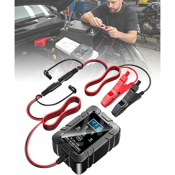 6v 12v Automatic Intelligent Recognition, Intelligent Battery Charger & Repairer, Smart Pulse Desulfator for Car, Motorcycle & Marine Batteries, Trickle Charger with LED Display (1PCS)