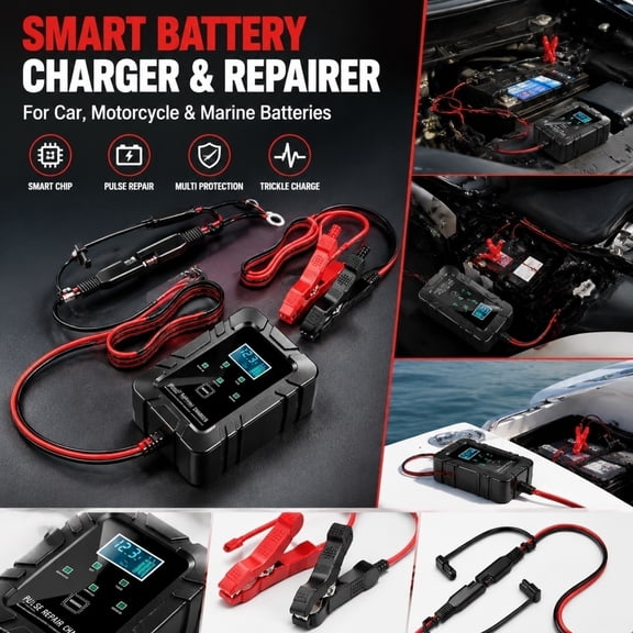 6v 12v Automatic Intelligent Recognition,Intelligent Battery Charger & Repairer,with ASE Adapter Cable,Smart Pulse Desulfator for Car, Motorcycle & Marine Batteries,Trickle Charger with LED Display