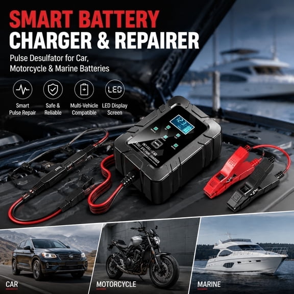 6v 12v Automatic Intelligent Recognition,Intelligent Battery Charger & Repairer,with ASE Adapter Cable,Smart Pulse Desulfator for Car, Motorcycle & Marine Batteries,Trickle Charger with LED Display