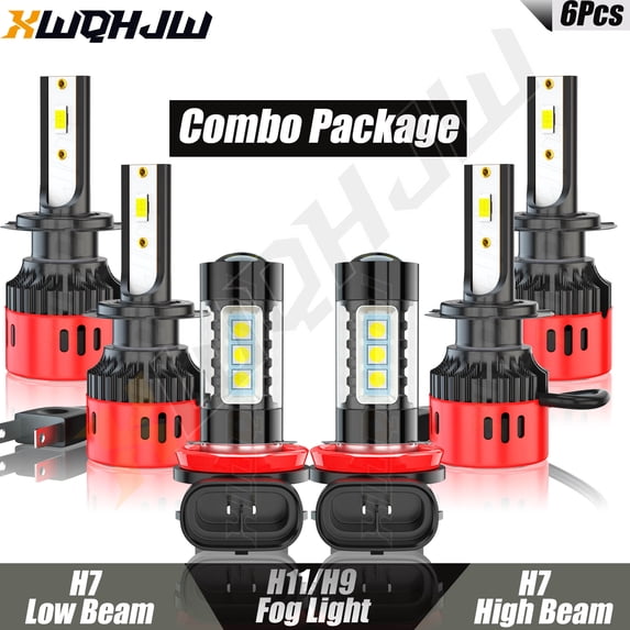 6x 6000K H7 H7 H11 LED Headlight H7 High Low + H11 Fog Light Bulbs Plug&Play Super Bright