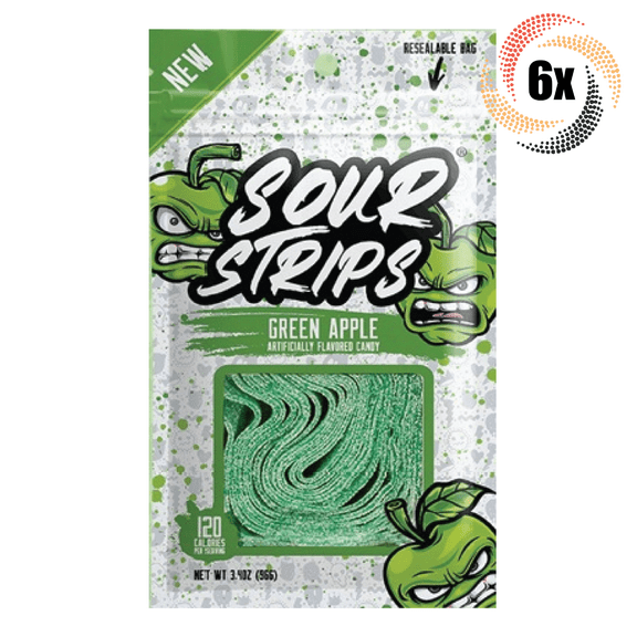 6x Bags Sour Strips New Green Apple Flavored Candy | 3.4oz | Fast Shipping