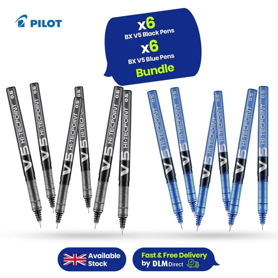 6x Black Pilot BX V5 Hi-Tecpoint Rollerball Pens, 0.5mm Tip, Blue 6-Packs Pilot BX V5 Hi-Tecpoint Pens, Smooth Ink, Extra Fine Lines