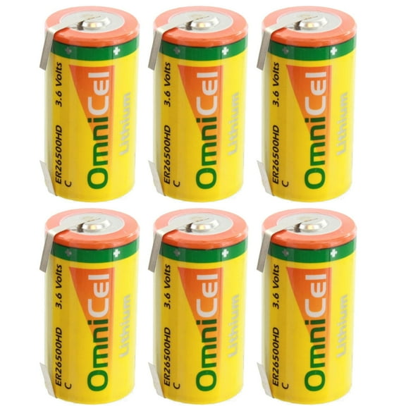 6x OmniCel ER26500HD 3.6V 6.5Ah Sz C Lithium Battery Tabs Sensors Detectors