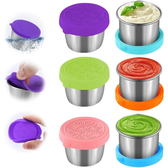 6x1.6/2.4 Oz Condiment Containers with Lids,Salad Dressing Container To Go,Small Reusable Stainless Steel Sauce Containers For Lunch Boxes Picnics Travel Meal Prep Kitchen Storage (6PC)