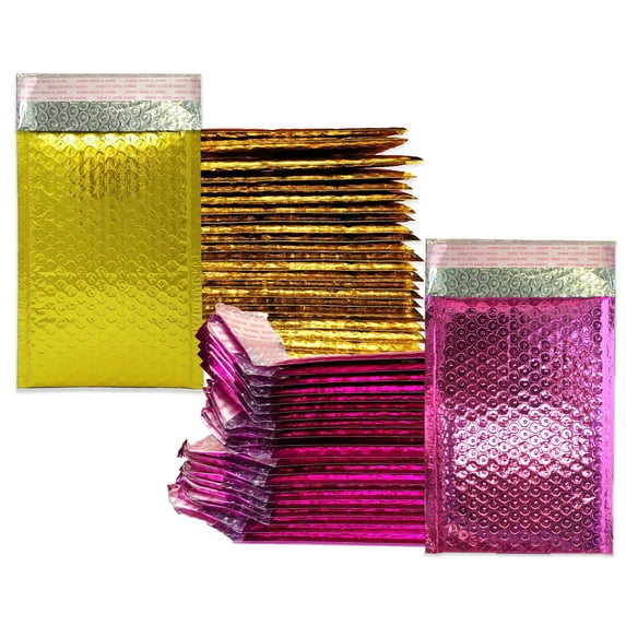 6x10, 4x8" Honey Pot Gold & Pink Metallic Bubble Mailers, Self Seal Glamour Colored Mailing Envelopes Medium, Small