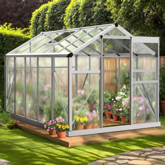 6x10 FT Greenhouse for Outdoors, Polycarbonate Greenhouse with Roof Vent and Sliding Door, Aluminum Large Walk-in Greenhouse for Outside Garden Backyard, Silver