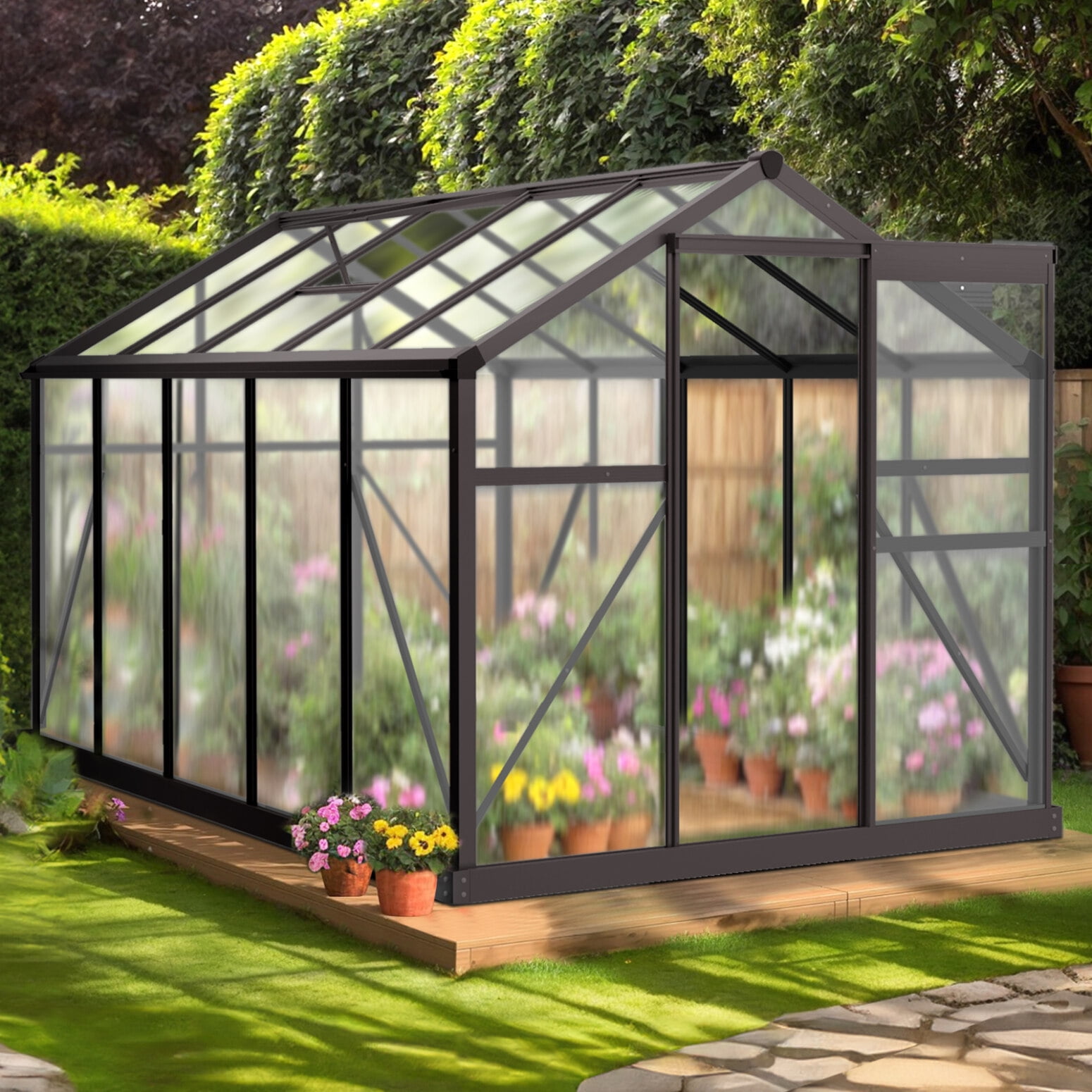 6x10 FT Greenhouse for Outdoors, Polycarbonate Greenhouse with Roof Vent and Sliding Door, Aluminum Large Walk-in Greenhouse for Outside Garden Backyard, Black
