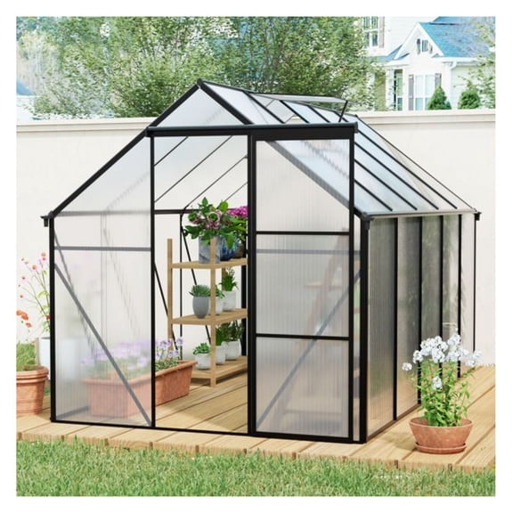 6x10 FT Greenhouse Polycarbonate Walk-in Outdoor Garden - Heavy Duty Aluminum Frame, Adjustable Roof, Sliding Door, & Galvanized Base