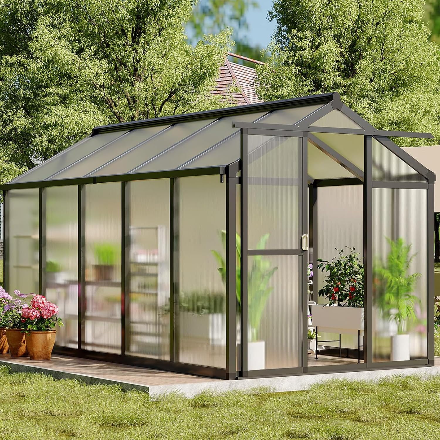 6x10 FT Polycarbonate Greenhouse with Roof Vent, Large Walk-in Aluminum Structure, Sliding Lockable Doors, Pc Panel, Quick Setup for Outdoor Garden and Backyard Needs, Black