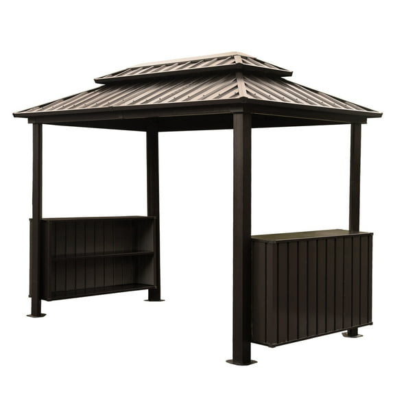 6x10 FT Shade Grill Gazebo, Outdoor BBQ Gazebo with Double Galvanized Steel Roof, Patio Grill Canopy with 2 Cabinets and Ceiling Hooks for Backyard, Lawn, Garden, Backyard, Brown