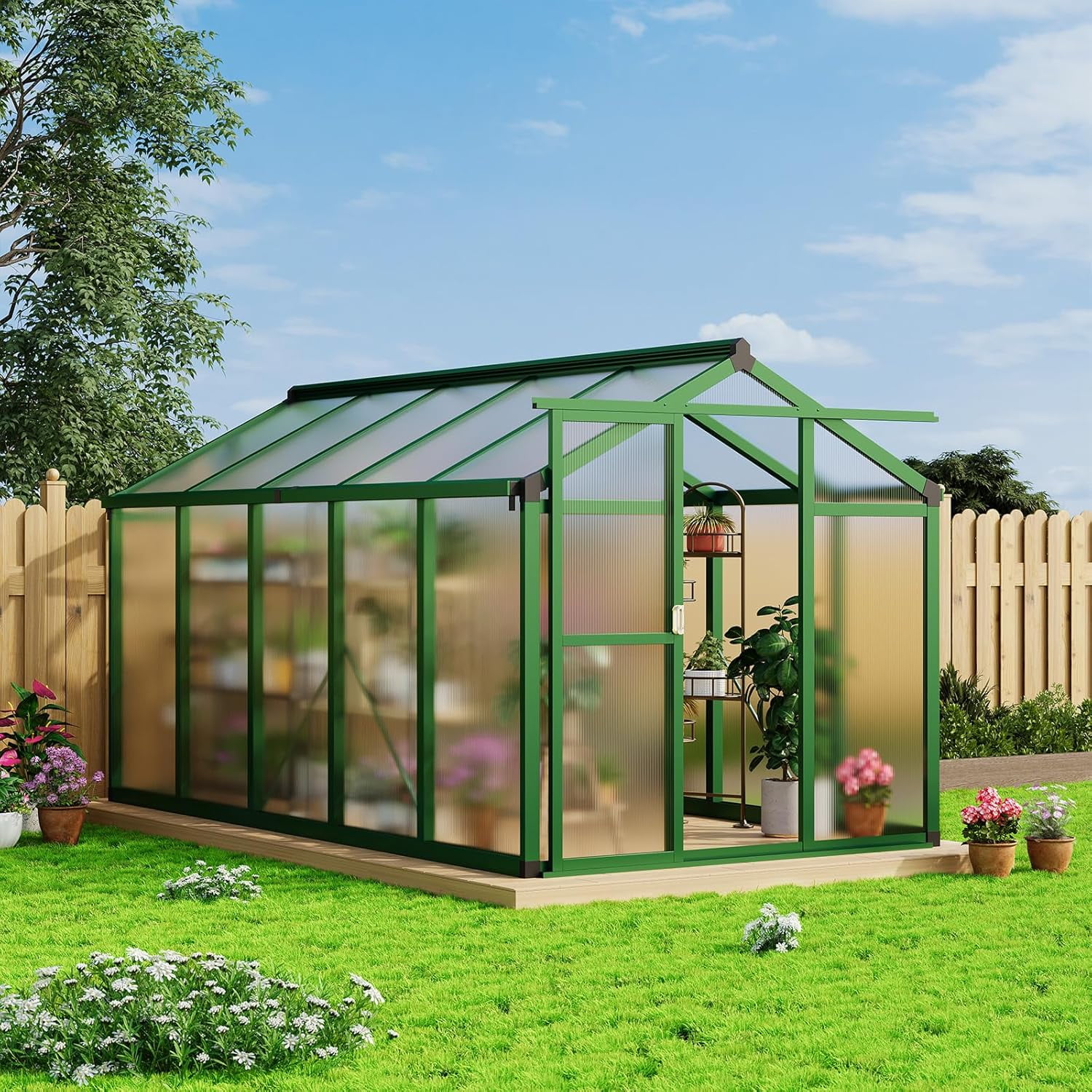 6x10 FT Walk-in Greenhouse for Outdoors – Aluminum Frame, Polycarbonate Panels, Roof Vent, Rain Gutter, Sliding Lockable Door, Easy Setup for Garden & Backyard, Green