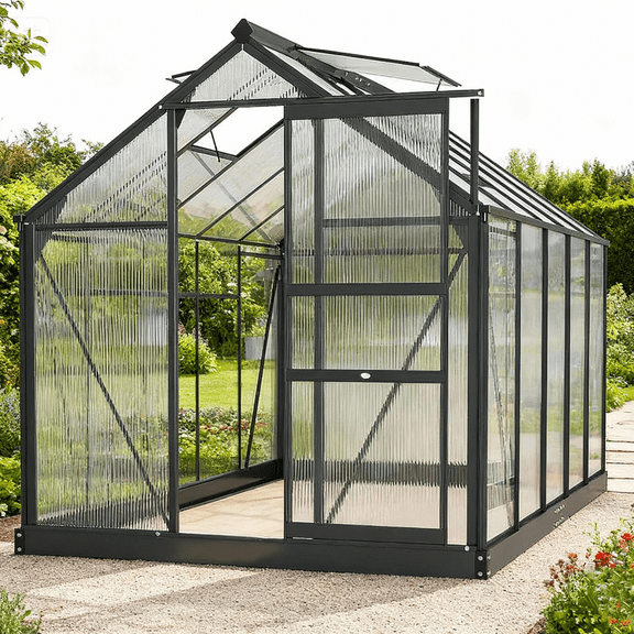TRAMULL 6x10 ft Polycarbonate Greenhouse for Outdoors, Upgraded Heavy Duty Aluminum Frame Walk-in Green House Garden Adjustment Roof Vent,Hinged Door,Rain Gutter