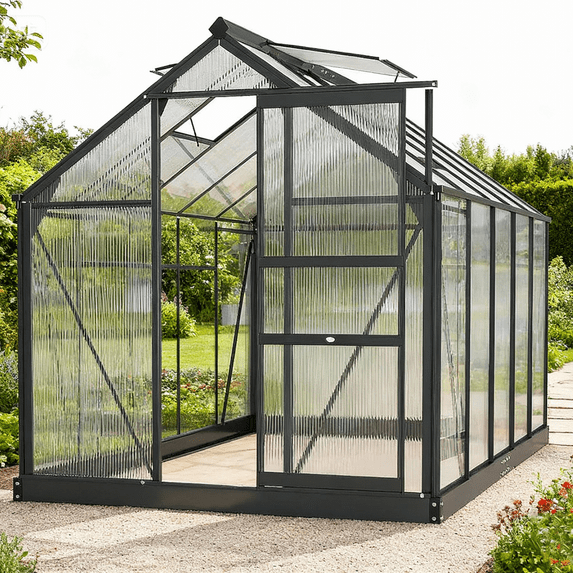 TRAMULL 6x10 ft Polycarbonate Greenhouse for Outdoors, Upgraded Heavy Duty Aluminum Frame Walk-in Green House Garden Adjustment Roof Vent,Hinged Door,Rain Gutter
