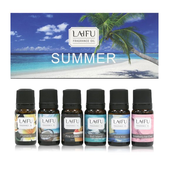 6x10ml Summer Essential Oils Set for Diffuser  Aromatherapy & Candle Making Tropical Scents  Plumeria  Coconut  Pina Colada  Bali  Strawberry  Ocean Breeze Home Fragrance  Relaxation & Gi