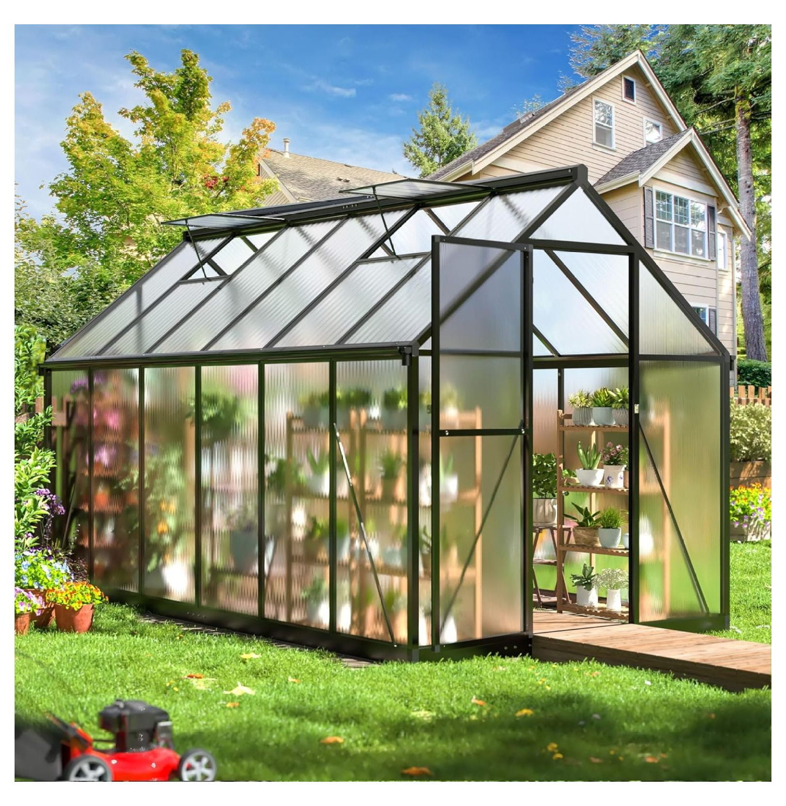 8x14 FT Aluminum Frame Greenhouse Kit - Polycarbonate Panels, Roof Vent, Quick Setup For Outdoor Gardening