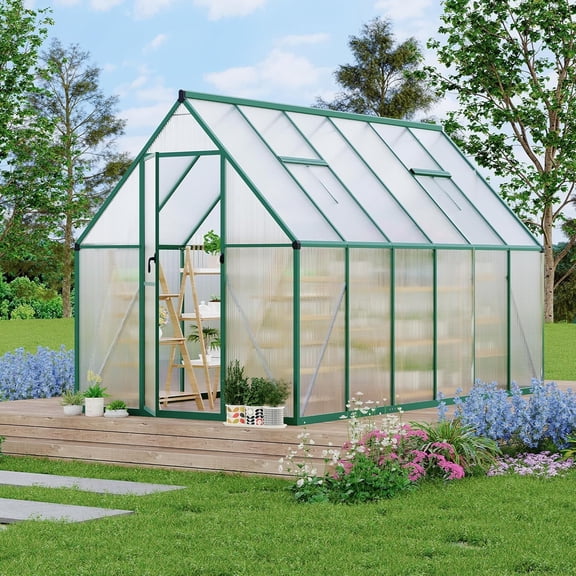 6x11FT Heavy-Duty Aluminum Polycarbonate Greenhouse – Quick Setup, Roof Ventilation, Double Swing Doors – Spacious Walk-In Outdoor Plant Shelter for Garden, Patio, Lawn – Green-6x11FT