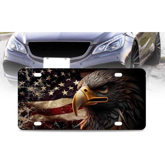 6x12.25 Inch Personalized American Flag Eagle License Plate Frame with 4 Holes and Screws - Vintage Flag License Plate Frames for Car Accessory - Stainless Steel Standart Cars USA and Canada Frame