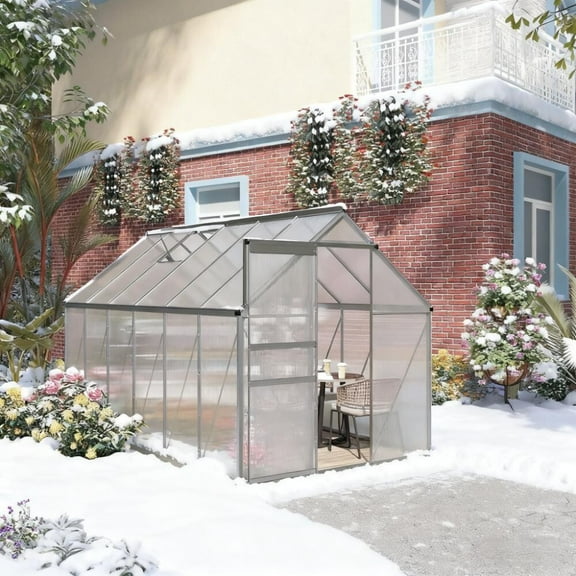 6x12 FT Greenhouse, Easy Assembly Polycarbonate Greenhouses with Adjustable Roof Vent, Large Aluminum Walk-in Greenhouse with Sliding Door, Silver