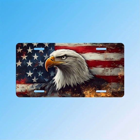 6x12 Inch License Plate Tag - Polished Metal Front Car Plate with Eagle & American Flag Design, Easy Install for Cars, Trucks, SUVs - Car License Plate, Patriotic Design