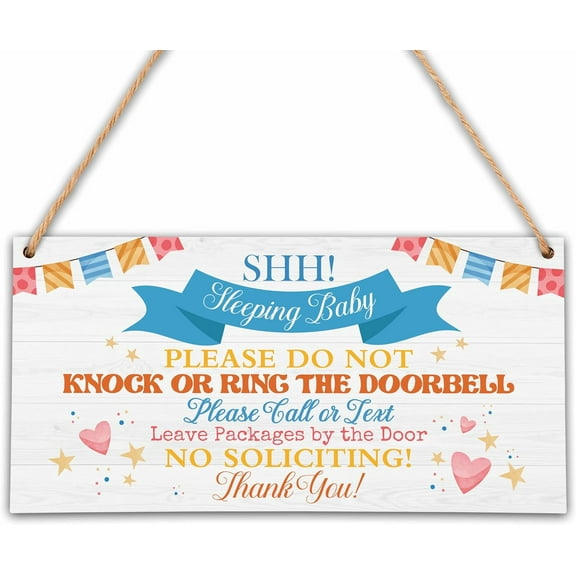 6x12 Inch Please Do Not Knock Or Ring Doorbell Sign, Shhh Baby Sleeping Sign For Front Door, Girl Boy Bedroom Wall Decor, Hanging Wood Sign
