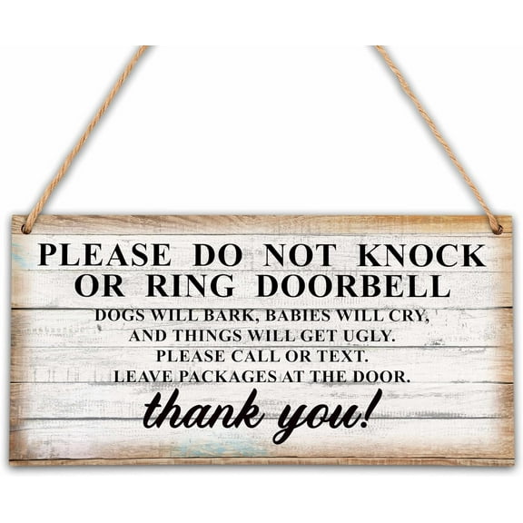 6x12 Inch Please Do Not Knock Or Ring Doorbell Sign, Shhh Baby Sleeping Sign For Front Door, Girl Boy Bedroom Wall Decor, Hanging Wood Sign