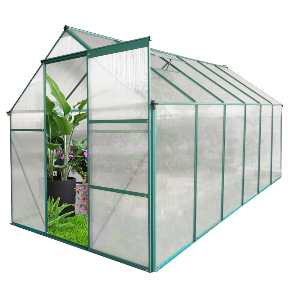 6x12ft Green Polycarbonate Greenhouse with Aluminum Frame and Sliding Door