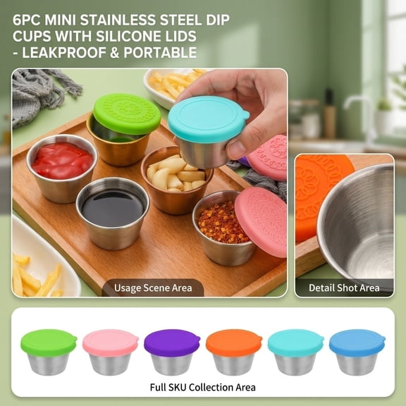 6x2.4 Oz Salad Dressing Containers with Lids, Small Leakproof Reusable Stainless Steel Salad Dressing Container to Go for Lunch Boxes, Sauce containers, Picnics, Travel Meal Prep and Kitchen Storage