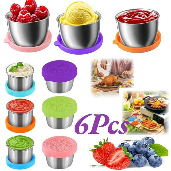 6x2.4 oz Salad Dressing Container to Go, Leakproof Reusable Stainless Steel Small Container with Lid,Sauce Containers for Lunch box,Picnics,Travel,Office and Meal Prep