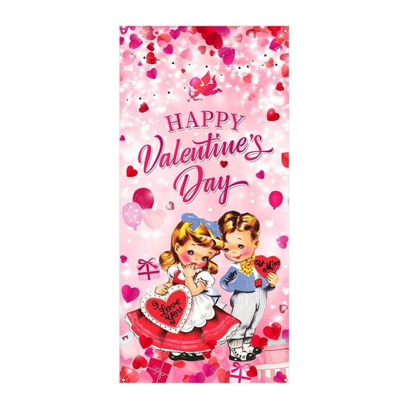 6x3 Ft Vintage Happy Valentine's Day Decorations Valentine's Day Door Cover Large Red Heart Hanging Banner For Valentines Themed Party Decor Indoor Outdoor Party Supplies,A