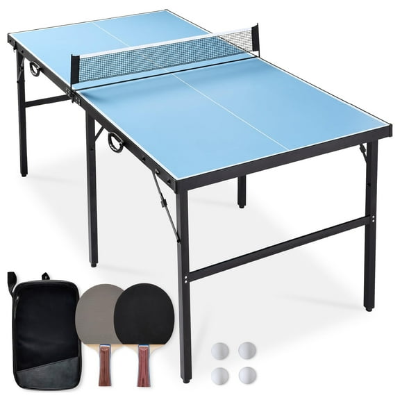 6x3ft Portable Ping Pong Table, Mid-Size Folding Indoor Outdoor Table Tennis w/ 2 Paddles, 4 Balls Included, Carrying Bag