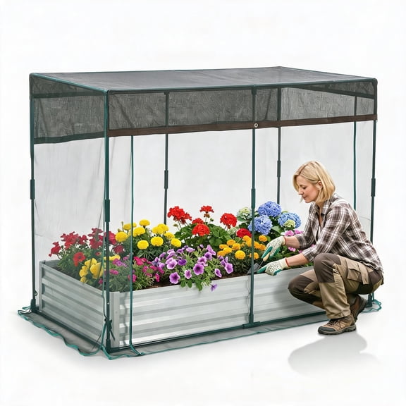 6x3x1Ft Galvanized Raised Garden Bed Kit Self Watering Irrigation Mesh Cover Rustproof Bottomless Metal Planter Box for Veggies Herbs Flowers Backyard Patio Farm