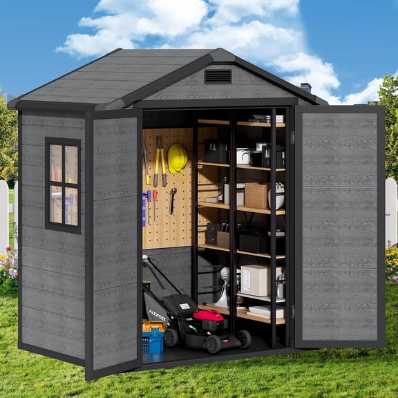 6x4.4 FT Resin Storage Shed – Waterproof Garden Tool House with Floor, Lockable Door & Windows, All-Weather Outdoor Organizer for Backyard, Patio, Lawn – Dark Gray