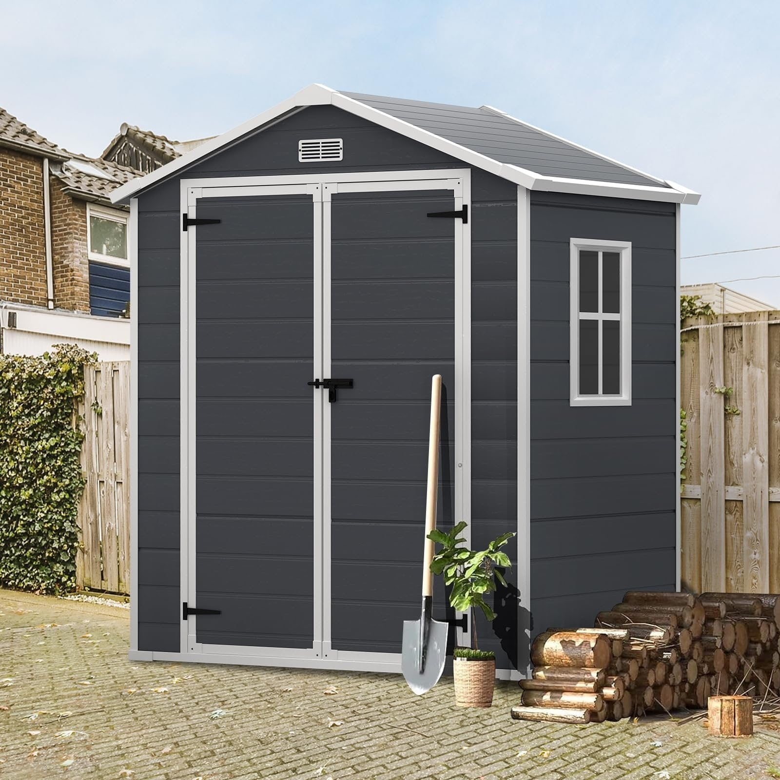 Dark-Grey Resin Outdoor Storage Shed with Windows and Lockable Doors