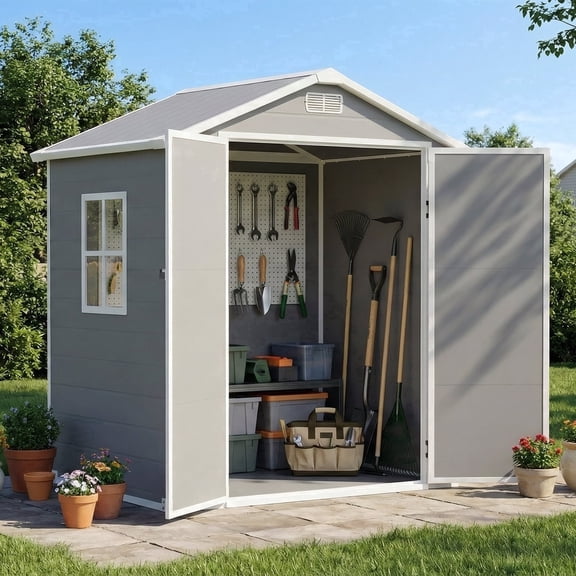 6x4.6 FT Outdoor Resin Storage Shed with Floor, Lockable Double Door & Ramp, Waterproof Plastic Garden Shed with Window for Patio Backyard Bike Tools Grey