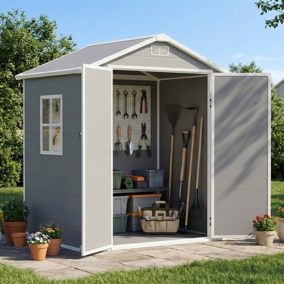 6x4.6 FT Outdoor Resin Storage Shed with Floor, Lockable Double Door & Ramp, Waterproof Plastic Garden Shed with Window for Patio Backyard Bike Tools Grey