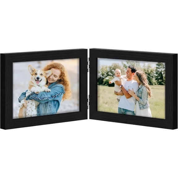 6x4 Double Picture Frame, Hinged 2 Opening MDF Photo Frames with Plexiglass, Horizontal Tabletop Stand, Black