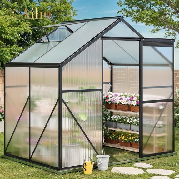 6x4 FT Outdoor Greenhouse, Easy Setup Polycarbonate Greenhouse with Adjustable Roof Vent, Sliding Door, and Durable Aluminum Frame for Backyard Gardening