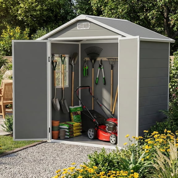 6x4 FT Outdoor Resin Storage Shed with Floor, Lockable Door & Ramp, Waterproof Garden Tool Shed with Window & Vents Grey