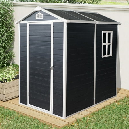 6x4 FT Outdoor Storage Shed with Floor and Anti Accumlation Water Hole, Plastic Resin Tool Shed with Window and Lockable Door, for Backyard, Garden, Patio, Lawn, Black