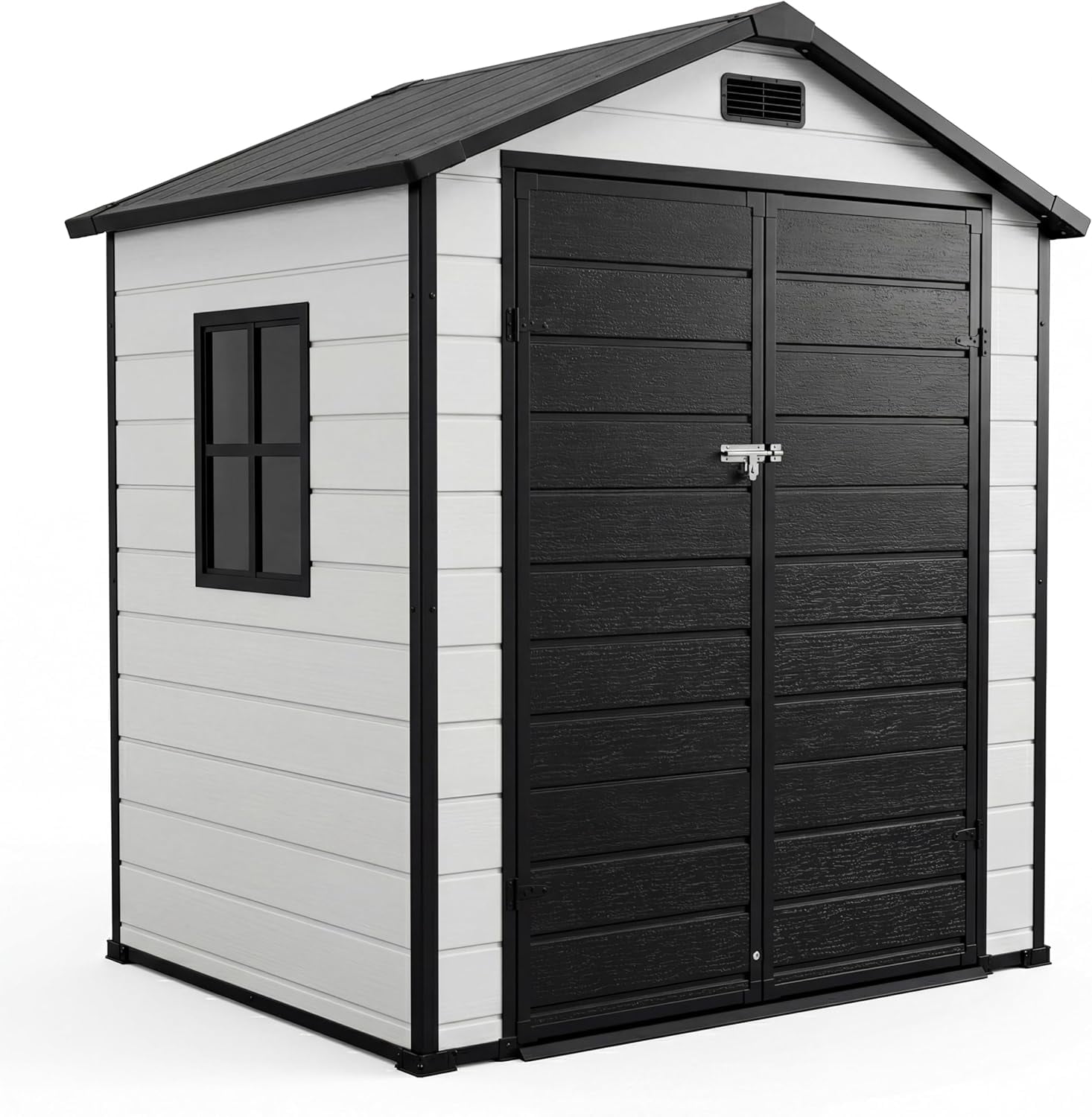 6x4 FT Outdoor Storage Shed with Floor, Plastic Resin Garden Shed with Window & Sloping Roof & Lockable Door for Patio Backyard Garden, Lawn Mower, Bike, Tool Storage