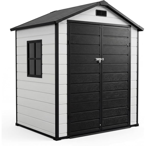 6x4 FT Outdoor Storage Shed with Floor, Plastic Resin Garden Shed with Window & Sloping Roof & Lockable Door for Patio Backyard Garden, Lawn Mower, Bike, Tool Storage